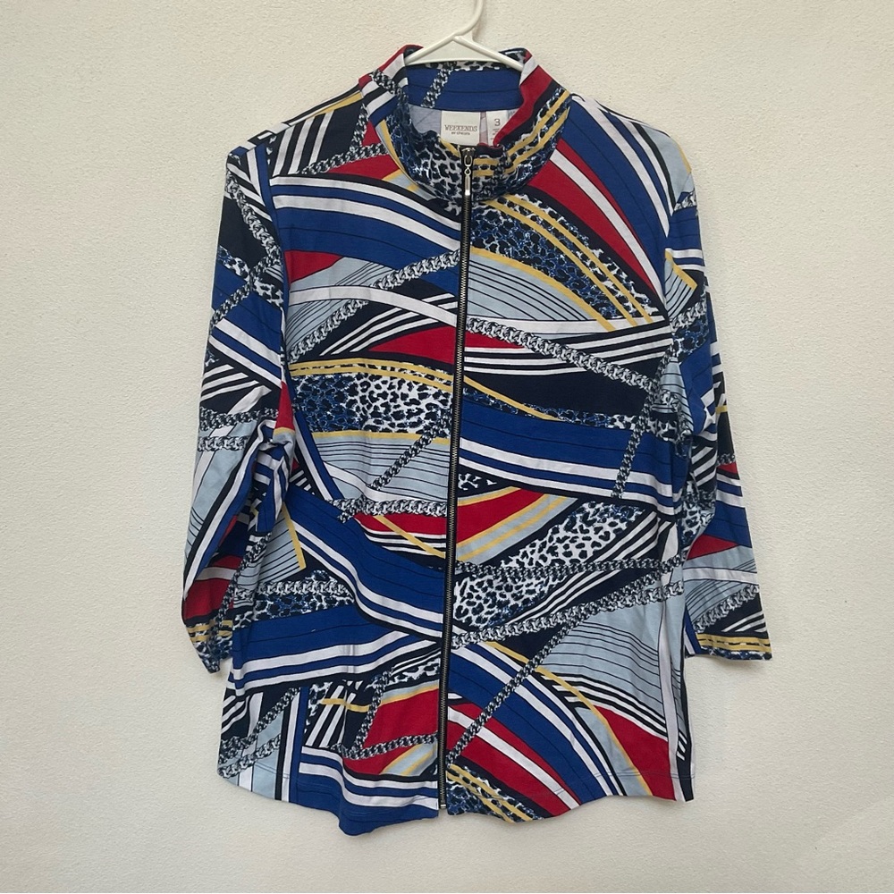Chico's Blue Red Yellow Patterned Zip-Front Jacket